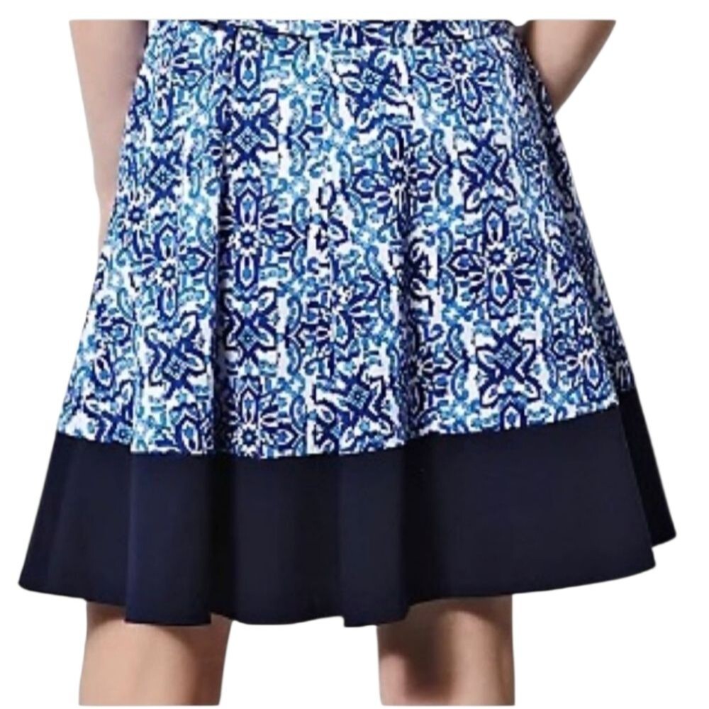 Milly Tile Print A-line Pleated Circle Skirt in Blue Combo Size Large - Picture 9 of 9